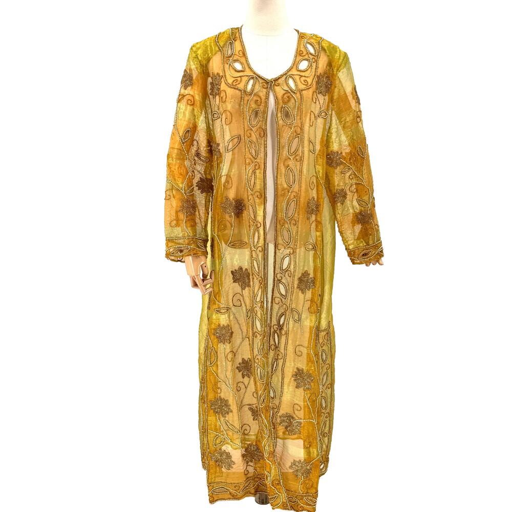 Vintage 80s Tan-Chho Green Gold Maximalist Beaded Sheer Shoulder Pad Duster